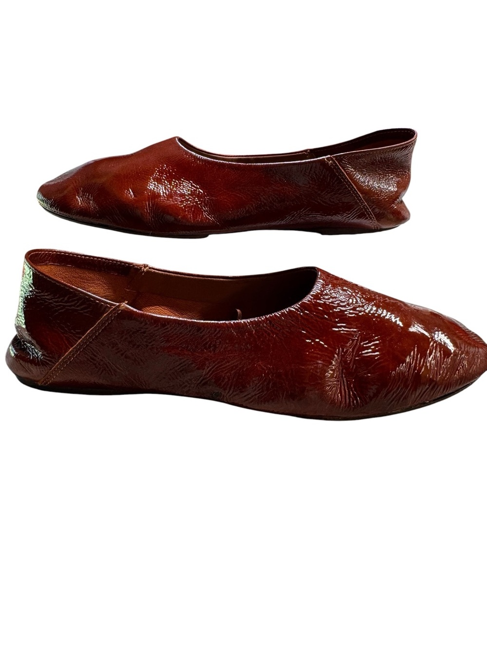 Zara Crinkled Patent Leather Flats Chestnut Brown / Rust Glove Ballets
